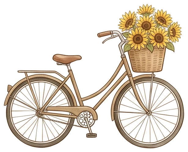 Ilustração de bicicleta com cesto de girassóis